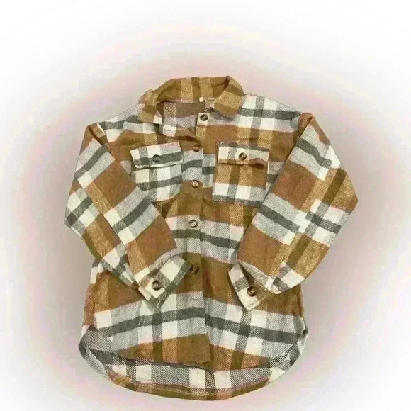 Long oversized plaid neutral colored fleece like button up size small NWOT - Picture 2 of 4